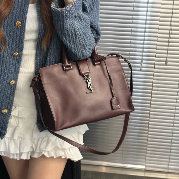95新 YSL/圣罗兰 酒红色cabas手提斜挎包qx