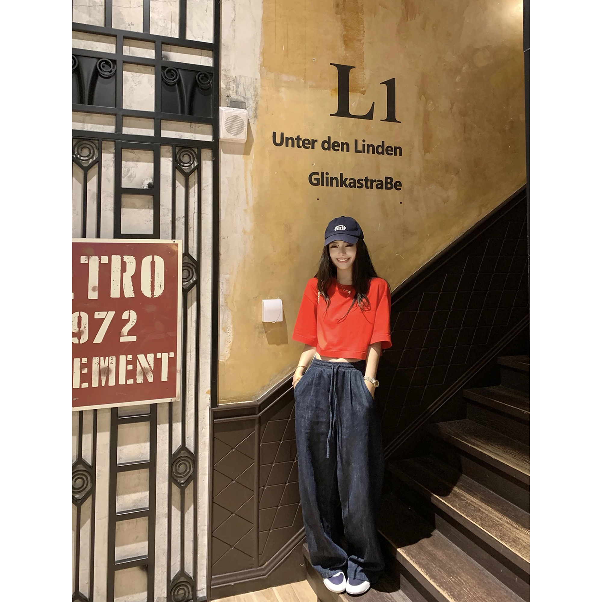 【美式截短T】露腰辣妹宽松慵懒短T恤+本命原牛仔裤松紧腰Z 9018#