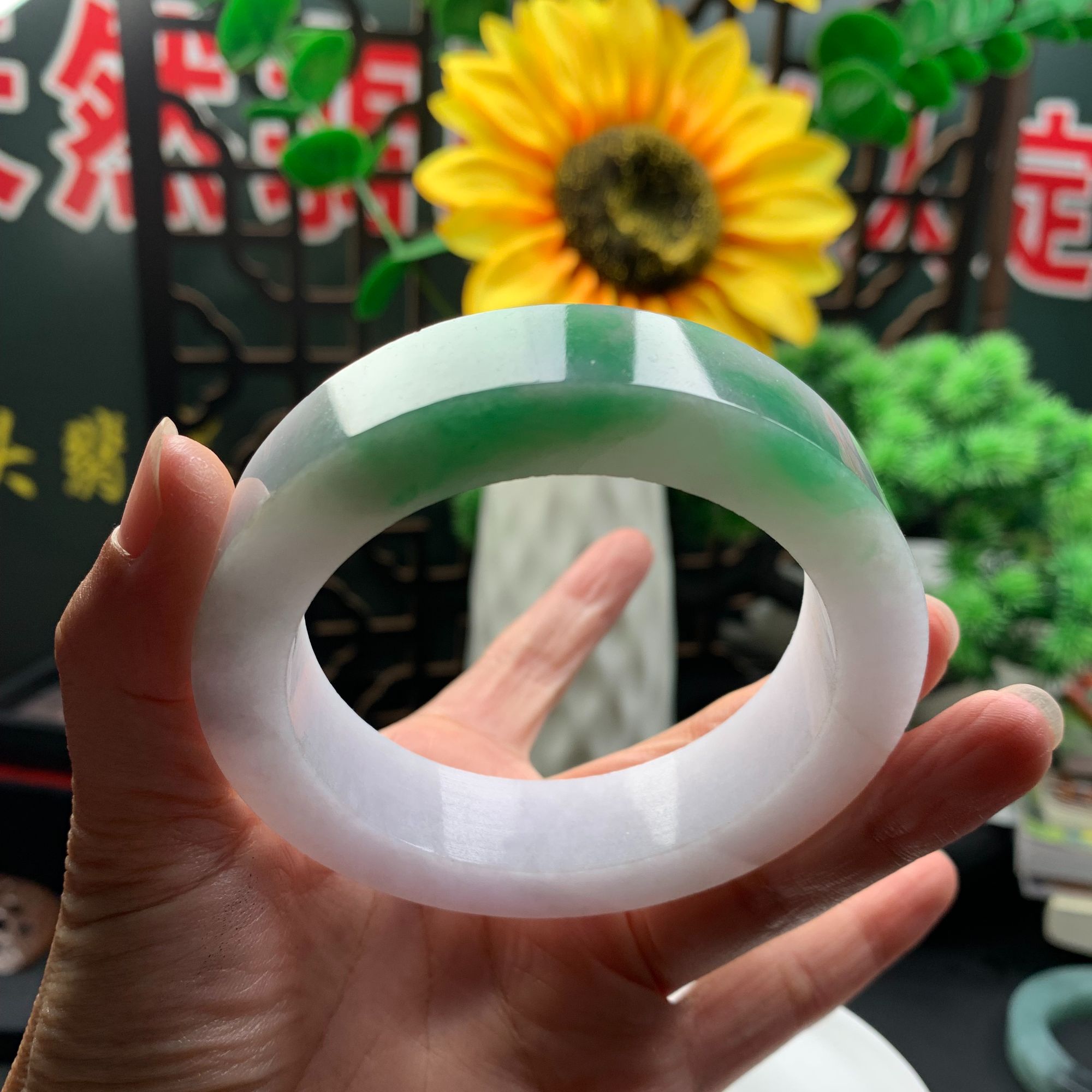 宽版冰绿阳绿白底青冰润细腻清爽高货翡翠天然A货手镯