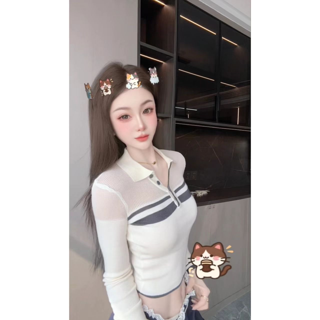 曼曼【丹宁少女】撞色半透露肩polo领针织长袖上衣