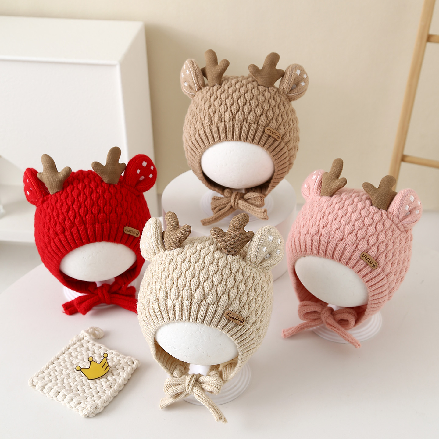 婴儿帽子秋冬季男女宝宝毛线帽可爱萌冬季加厚保暖针织小鹿公主帽