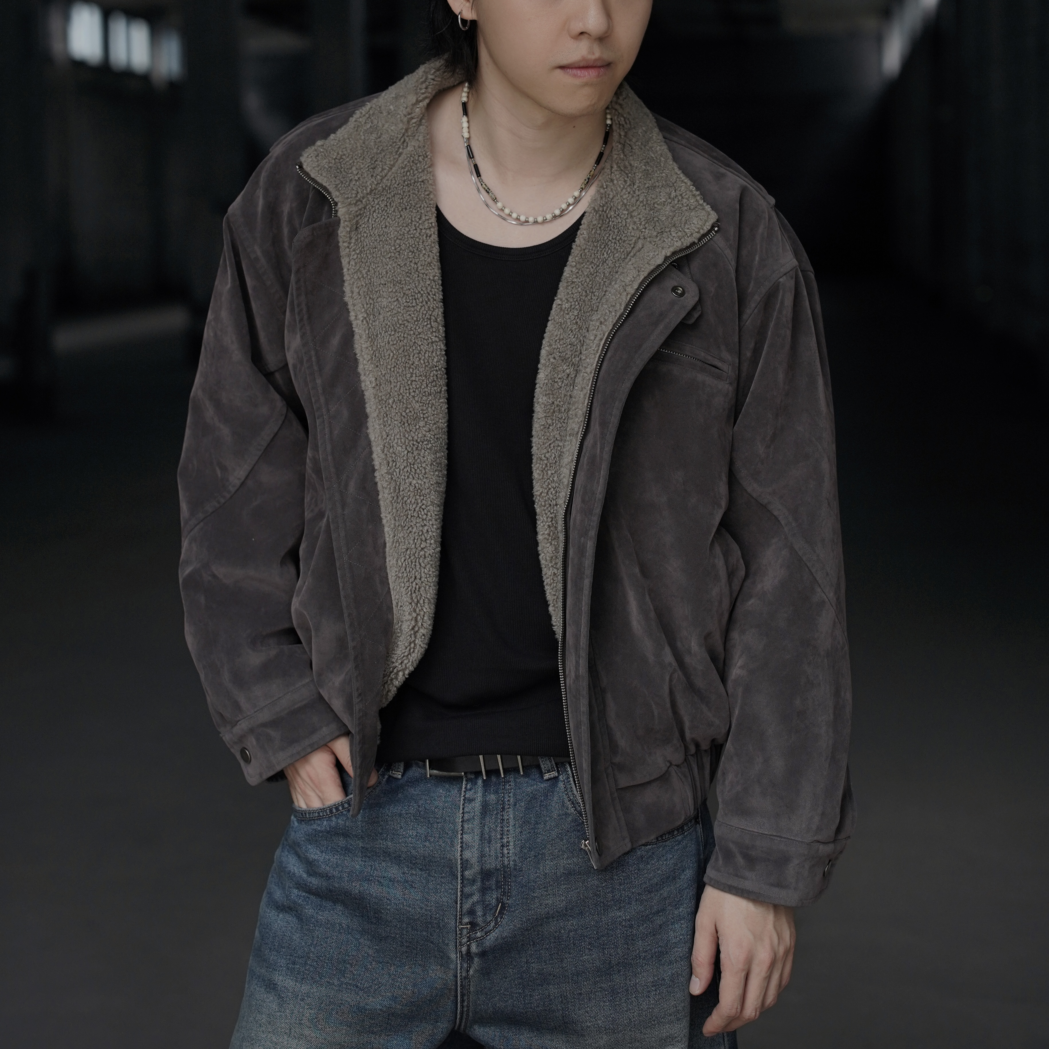 Unholism -10度 复古水洗短款皮毛一体植绒羊羔绒座山雕棉服夹克