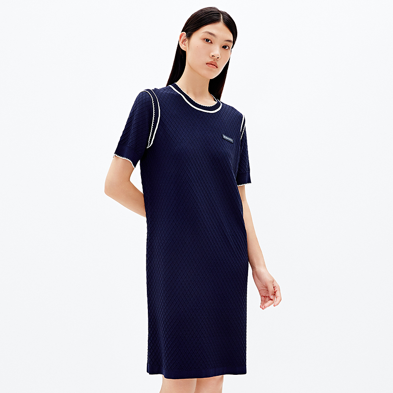 XII BASKET十二篮新款格子肌理时尚撞色曲珠纱针织裙7C65206110