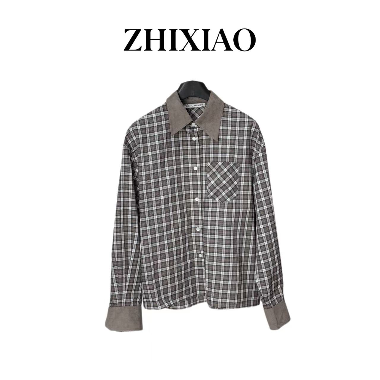 【ZHIXIAO】秋冬新款：拼色格子长袖衬衣8045