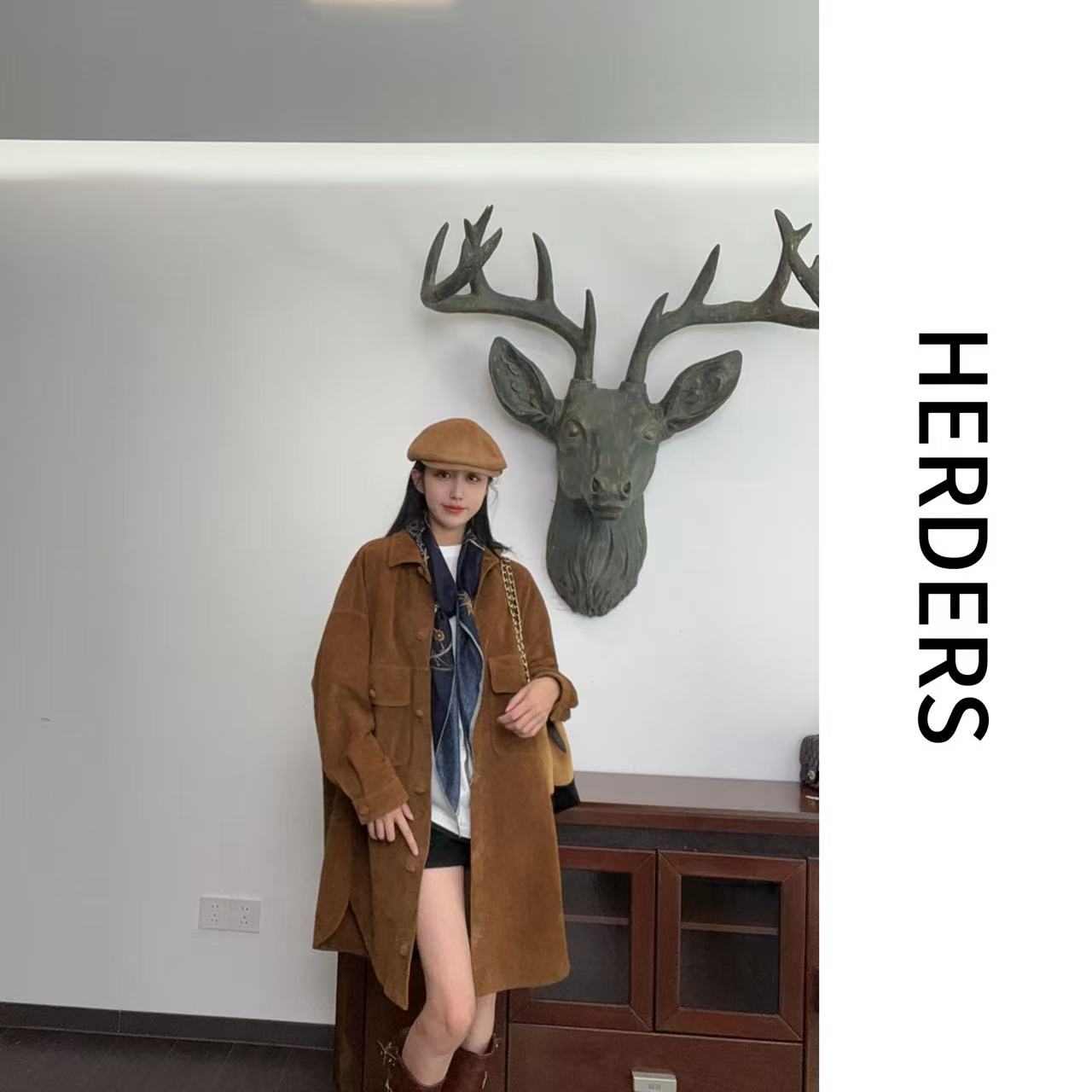 HERDERS ‘高奢反绒系列’（松弛感大衬衫）长款翻领反绒皮衣 256755