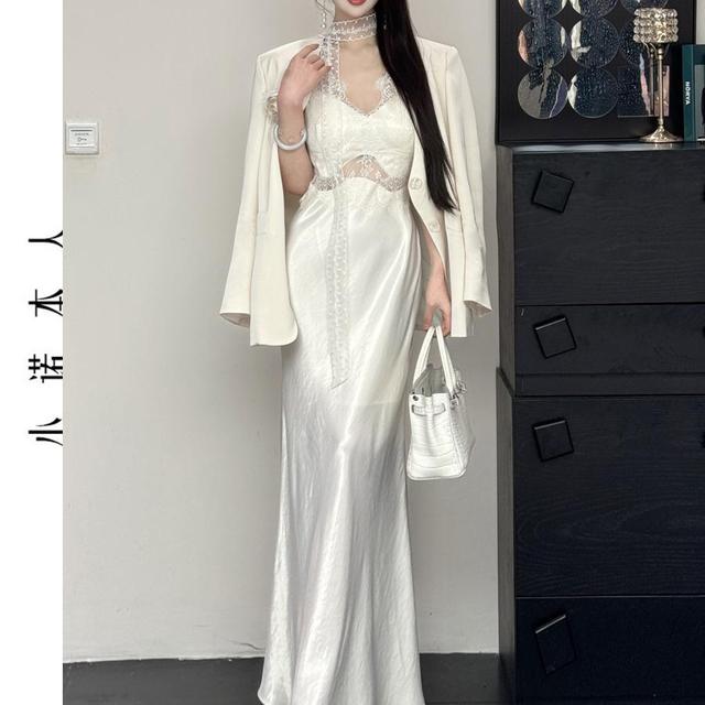 小诺本人休闲西装女春款设计感小众外套蕾丝拼接连衣裙套装25206