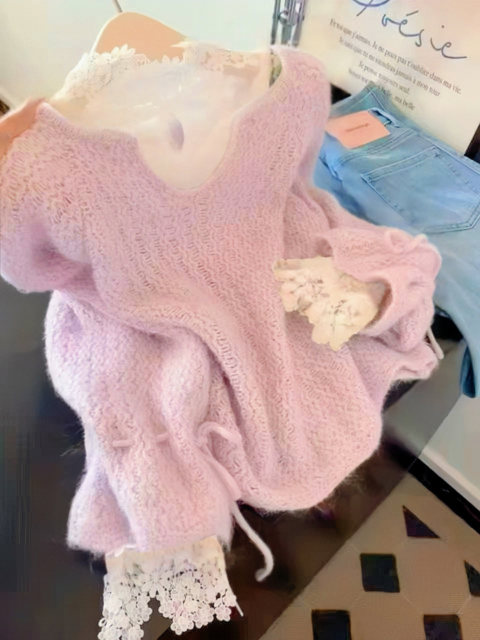 【现货】韩系U领软糯温柔粉紫色V领长袖毛针织衫2025新款设计感外穿