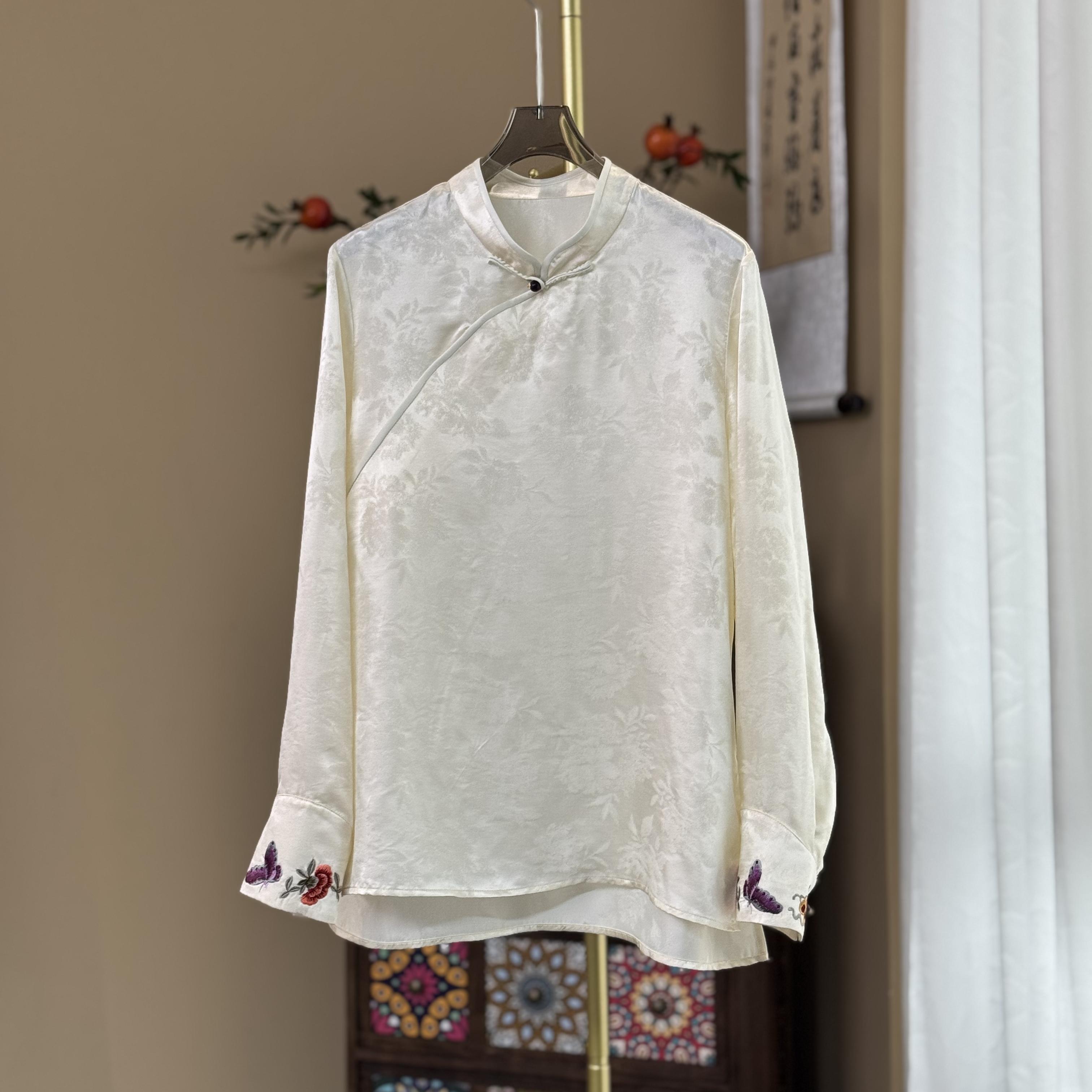 【雪腻酥香】新中式真丝暗纹提花立领上衣经典国风气质立领打底衬衫