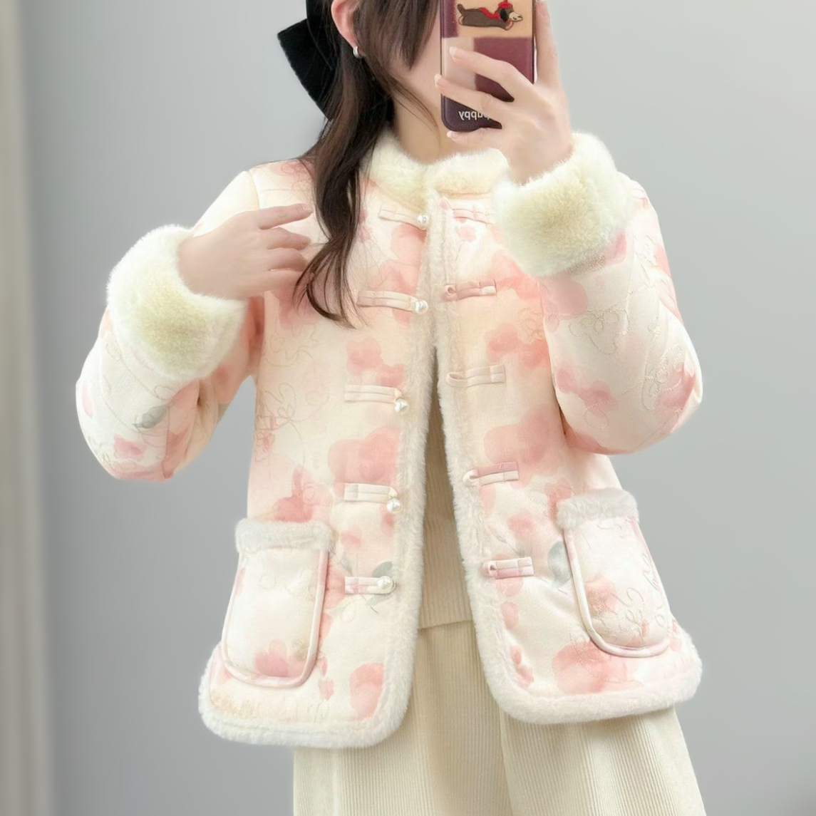 冬季新款加绒加厚花棉袄女民族风复古盘扣女士保暖棉服