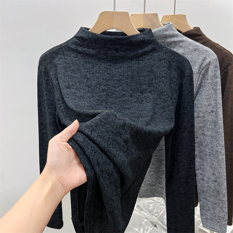 【买一送一】长袖半高领流光风黑色针织女T恤秋冬加绒修身中领