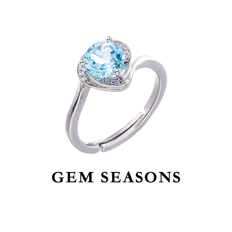GEM SEASONS天然托帕石戒指 爱心设计蓝色宝石圆切银戒时尚气质