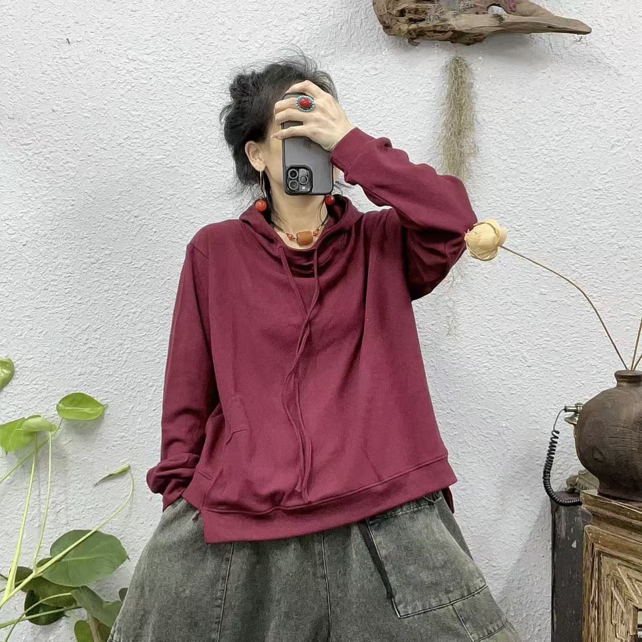 8813帽衫德绒长袖下摆两侧开口长袖上衣（长60胸围118