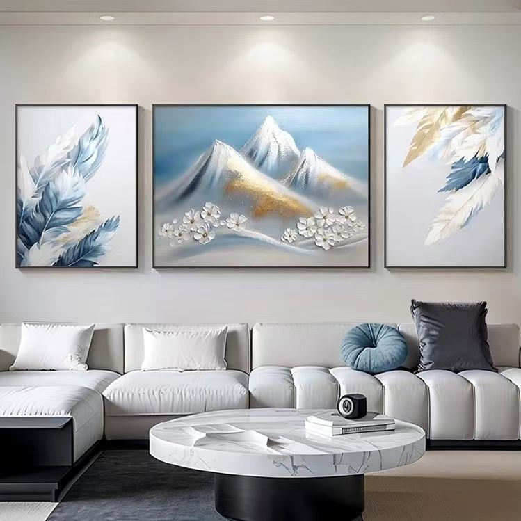【背有靠山】现代轻奢客厅装饰画雪山淡雅肌理感风景系羽毛画