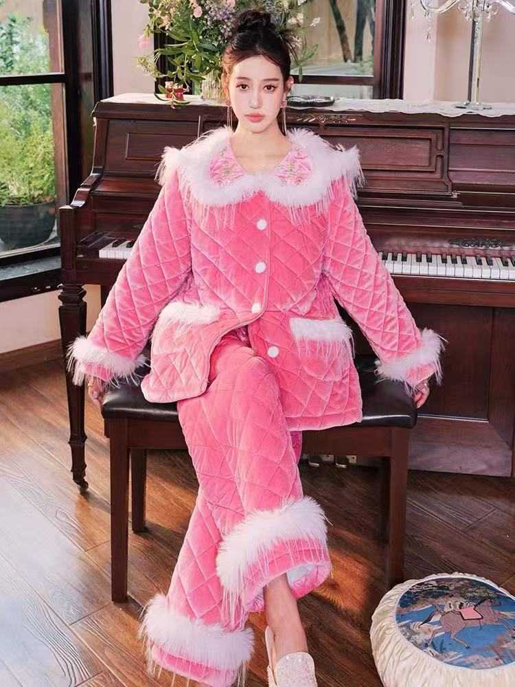 原创仙气刺绣蕾丝三层加厚夹棉睡衣两件套宽松加绒家居服套装冬新