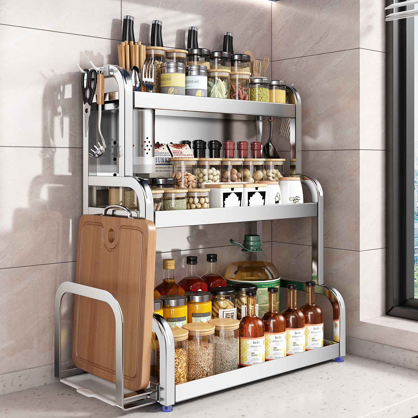 爆款不锈钢厨房置物架落地桌面多层调味料架储物壁挂用品收纳刀架