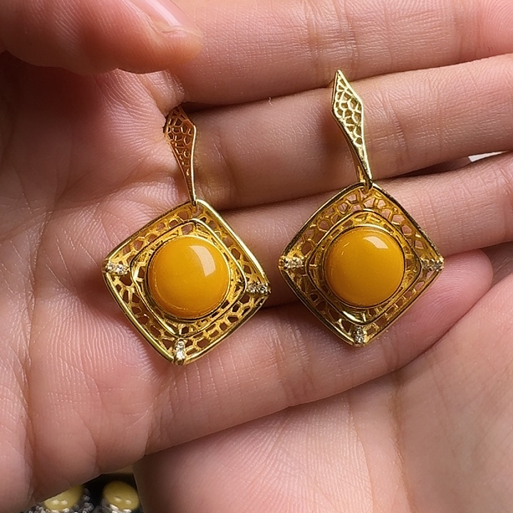 蜜蜡银S925镶嵌耳饰耳坠