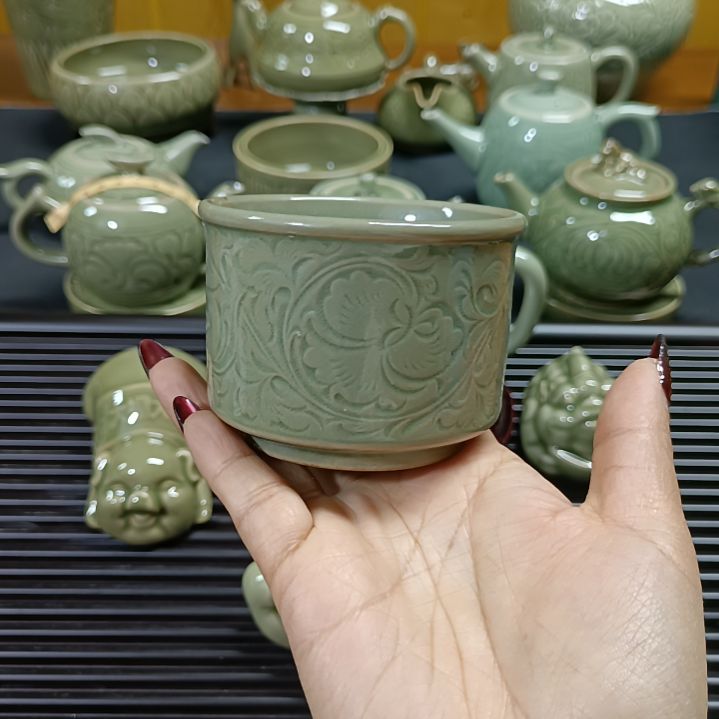 耀州窑青瓷牡丹主人杯微微瑕2只