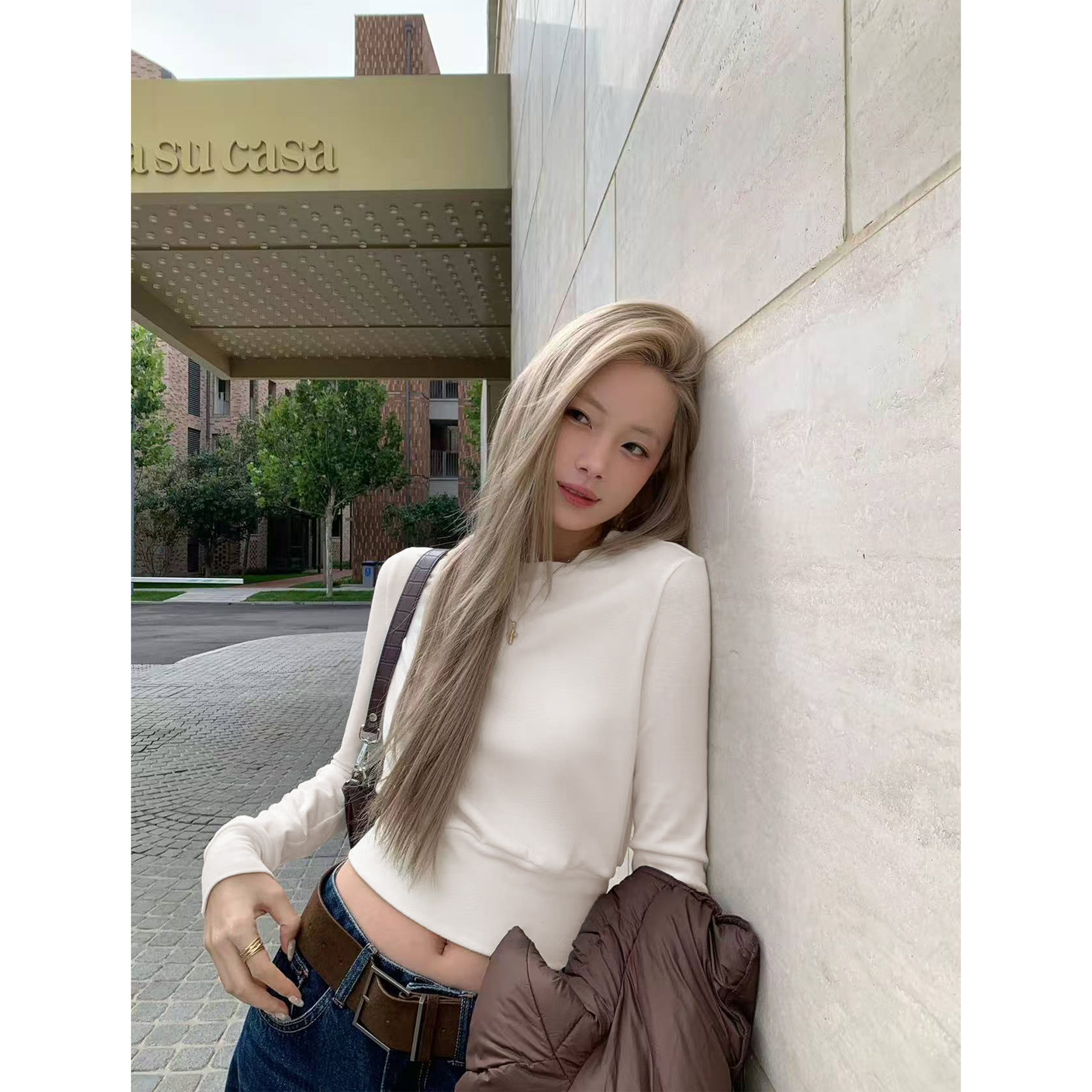 魔法身材短款正肩长袖t恤秋冬收腰长袖打底衫C  9729#