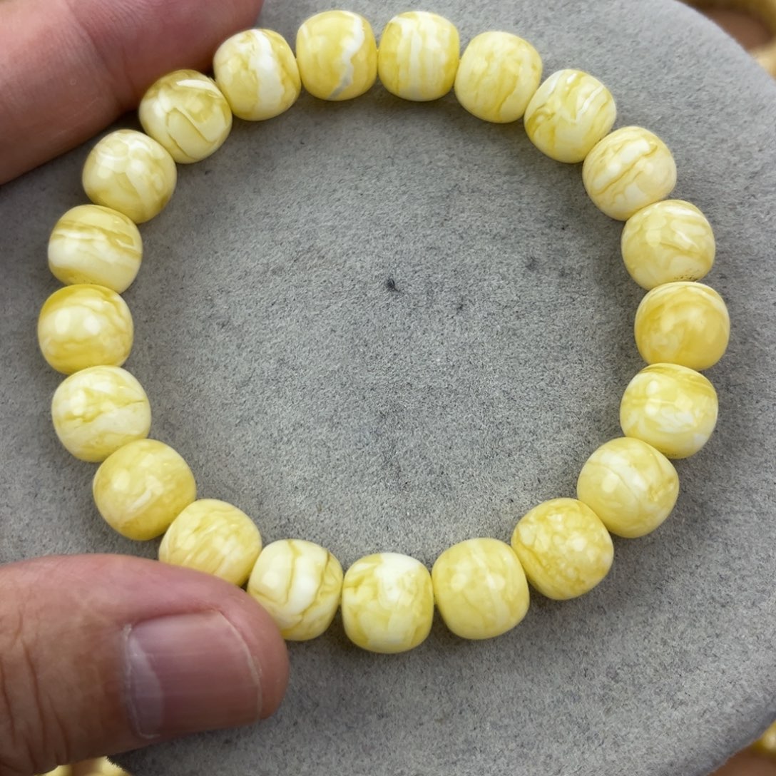 长***媒蜜蜡未镶嵌手串俄料同料瓷白花虎皮极限弧高桩11*10.2