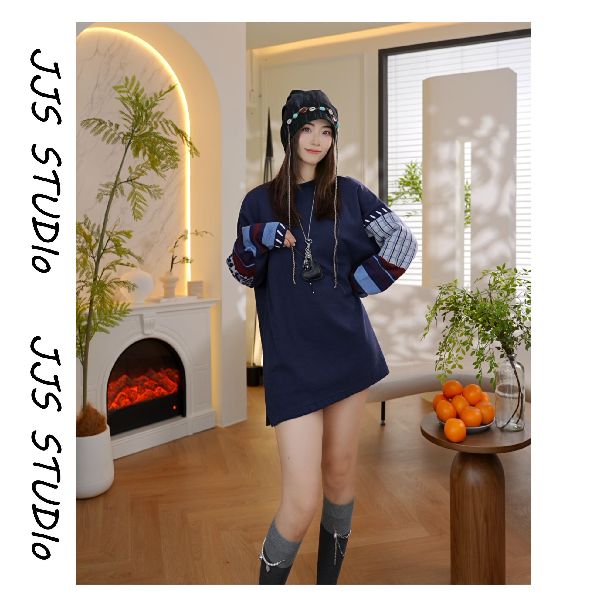 5090703『街头漫步』2025秋季百搭时尚拼接格纹设计师卫衣裙