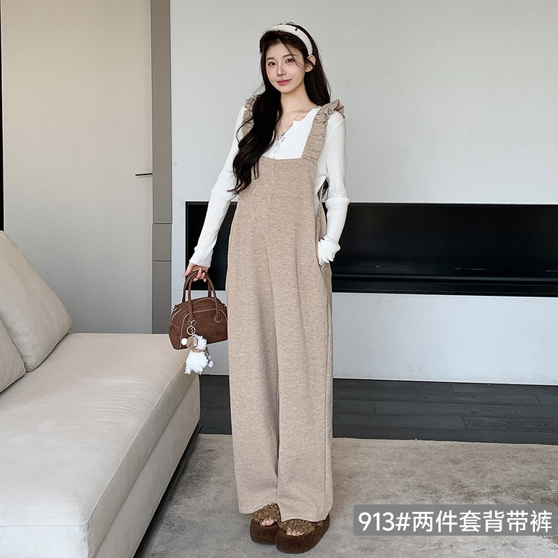 孕妇秋冬季新款韩版宽松休闲木耳边背带裤打底衫外穿