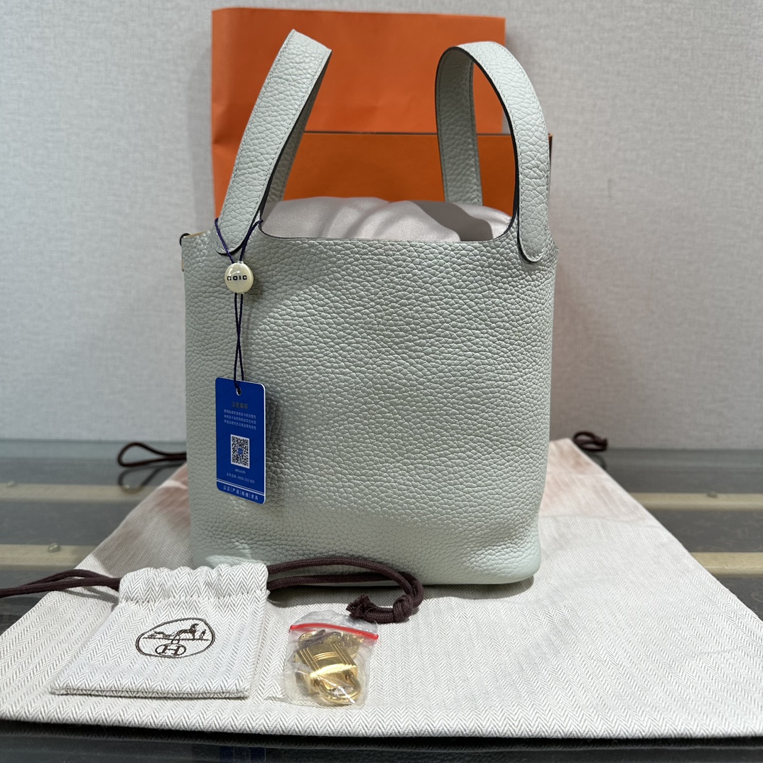 99新 Hermes/爱马仕 冰晶灰金扣菜篮子18手提袋 17279