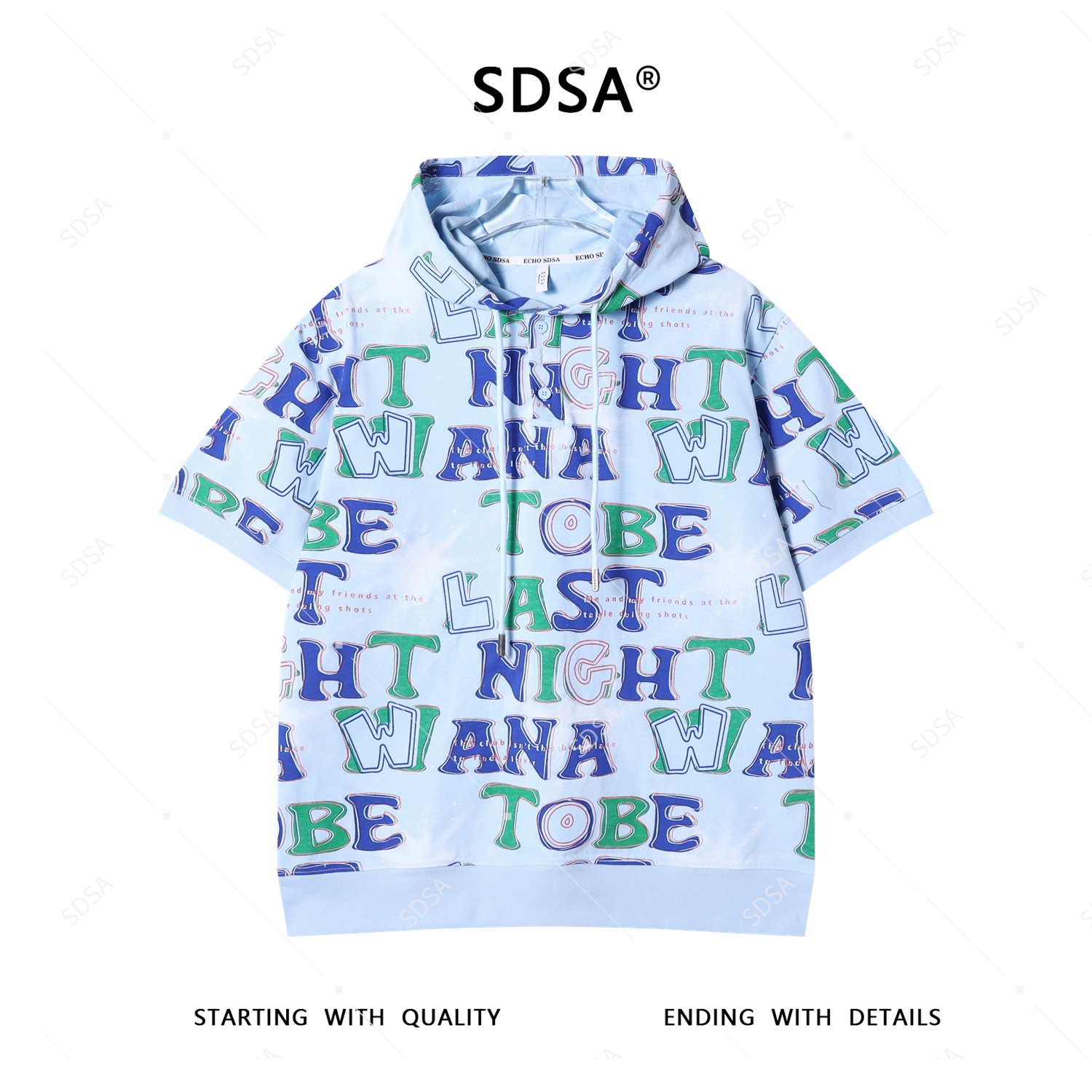 SDSA男士2025新款轻奢痞帅男装撞色满印字母半纽扣连帽短袖T恤潮