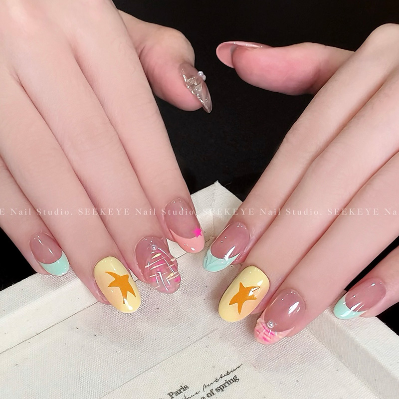 幸可【海岛假日】夏日新款多巴胺显白星星短款法式纯手工穿戴甲