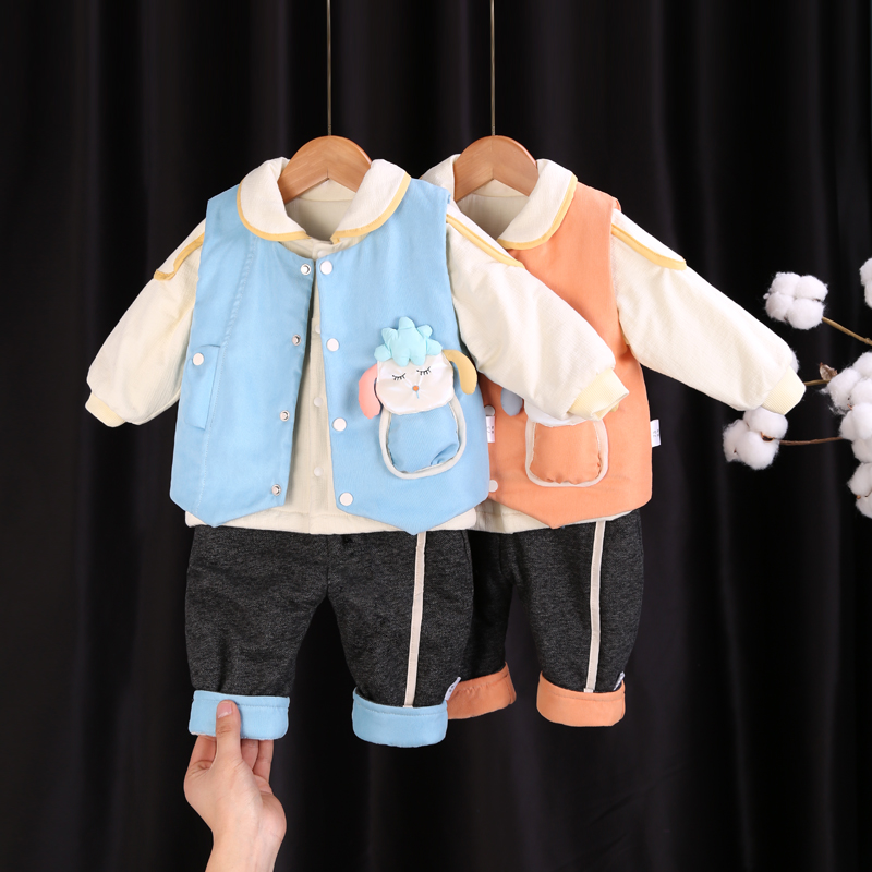 婴幼儿薄款三件套休闲风中性套装棉衣外穿两用裆口