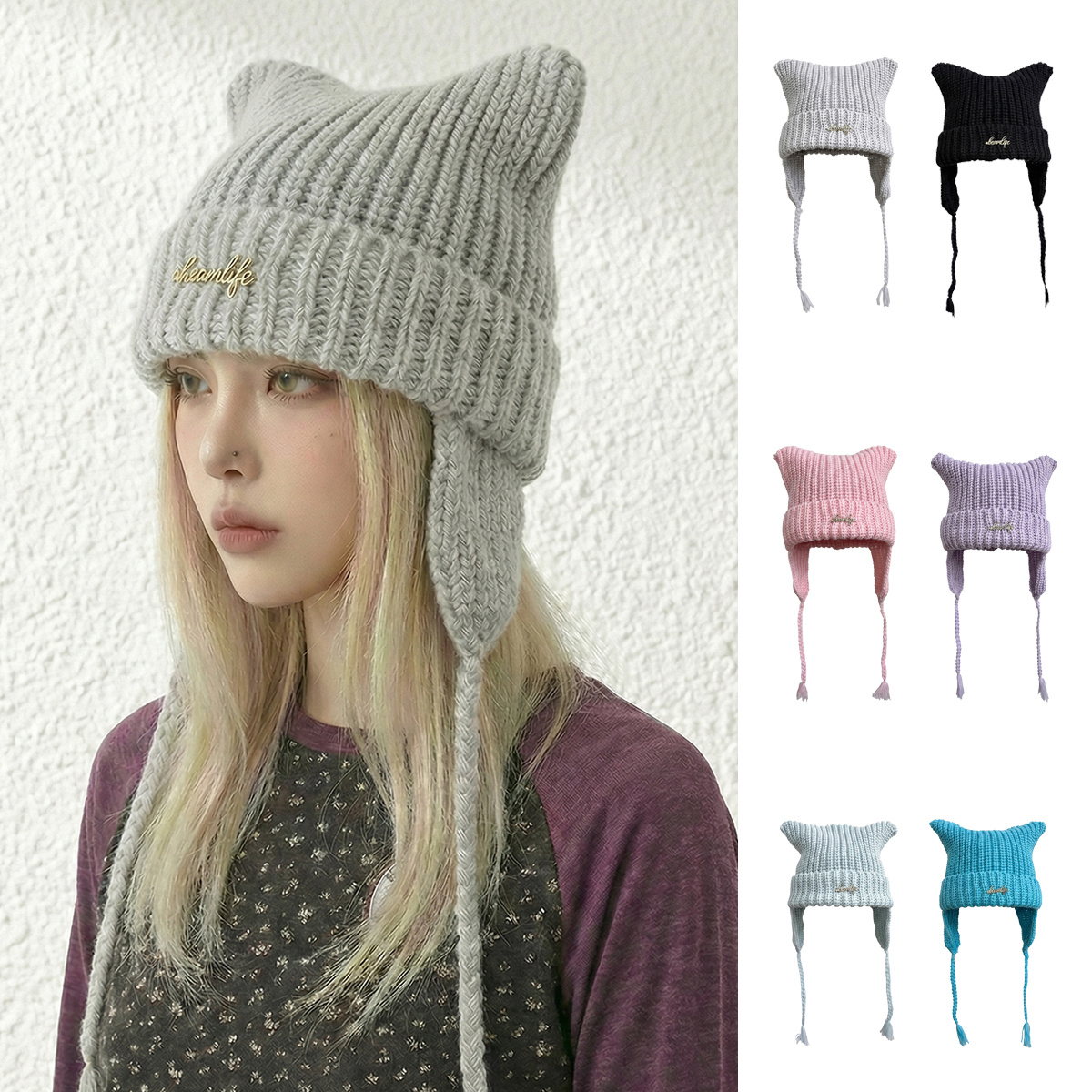 BEAMLIFE25AW秋冬羊毛手工针织帽子男女韩版护耳猫耳朵毛线帽冬季