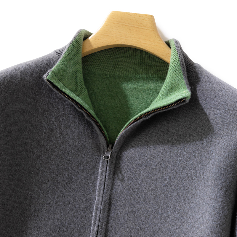 惊艳出镜！七针加厚重磅双面穿羊绒衫男士开衫半高领拉链针织外套