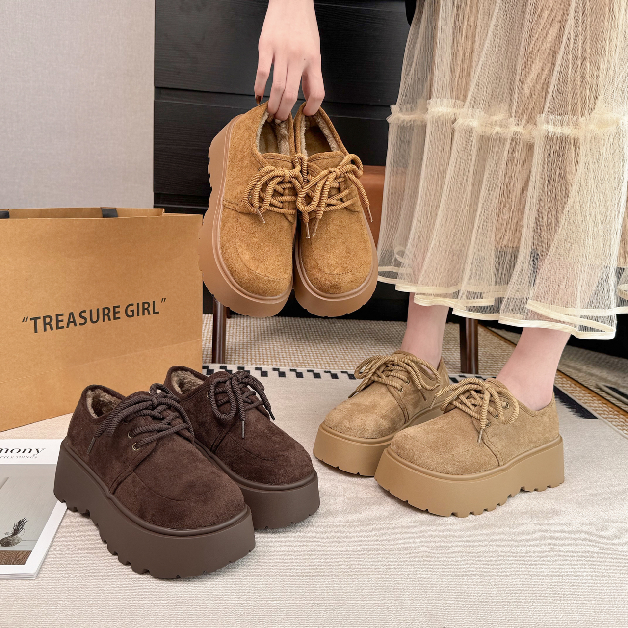 6CM~厚底系带乐福鞋女2025新款秋冬季复古百搭小个子增高勃肯棉鞋