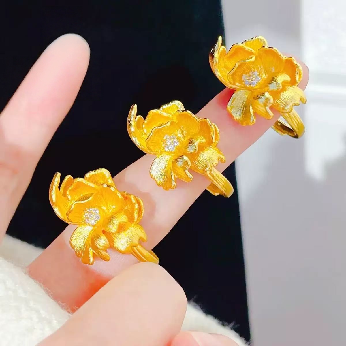 铜合金戒指 芍药花开口戒指女款可调节气质轻奢时尚