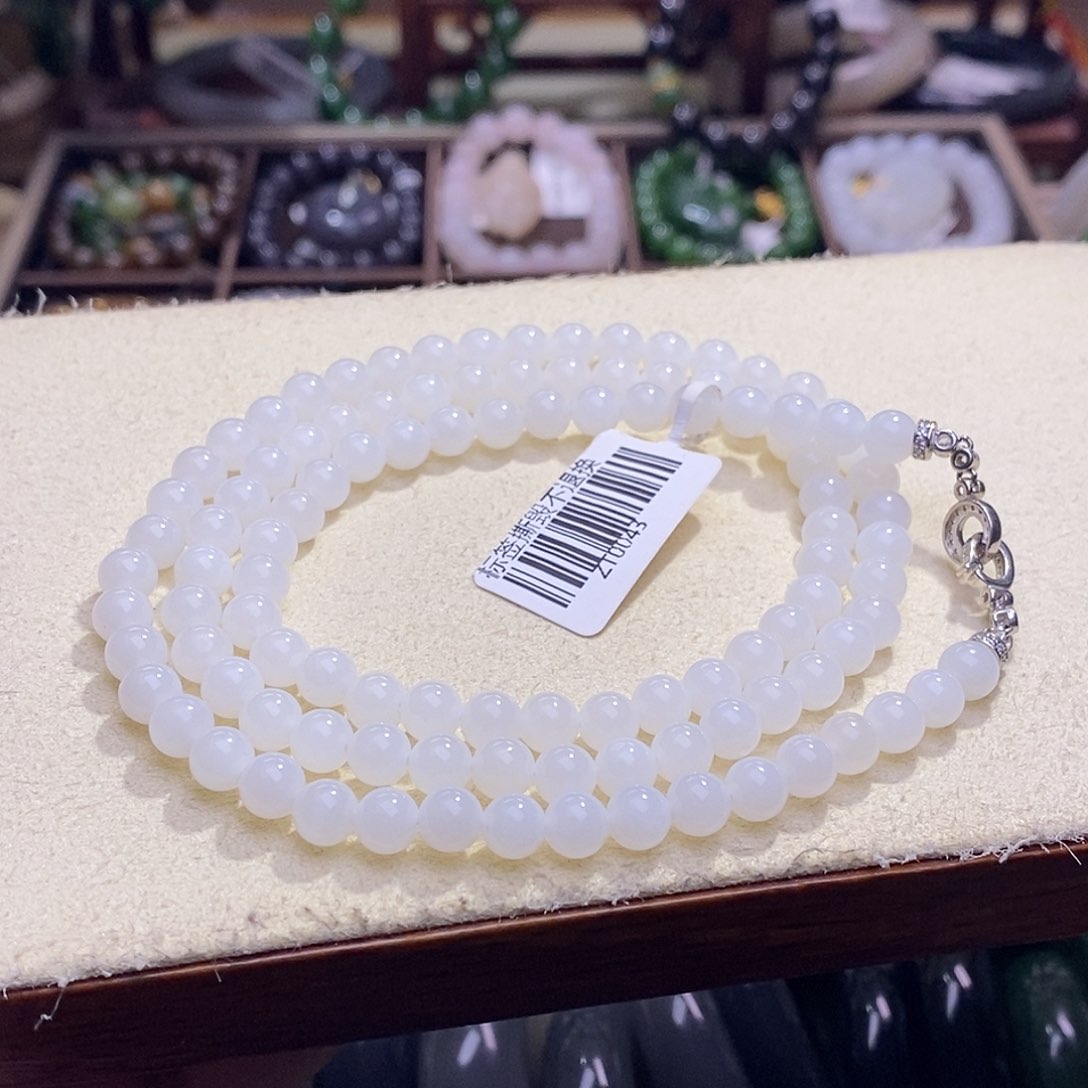 颈饰未镶嵌和田玉新疆银镶羊脂白玉项链6MM