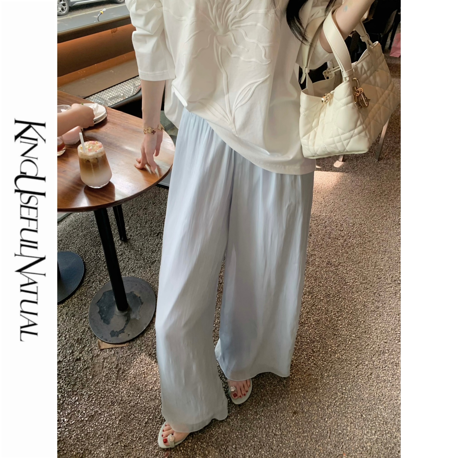 KUN【水光裤】月光撒银感 定制琉璃纱竖纹肌理冰凉夏季蓝色阔腿裤子