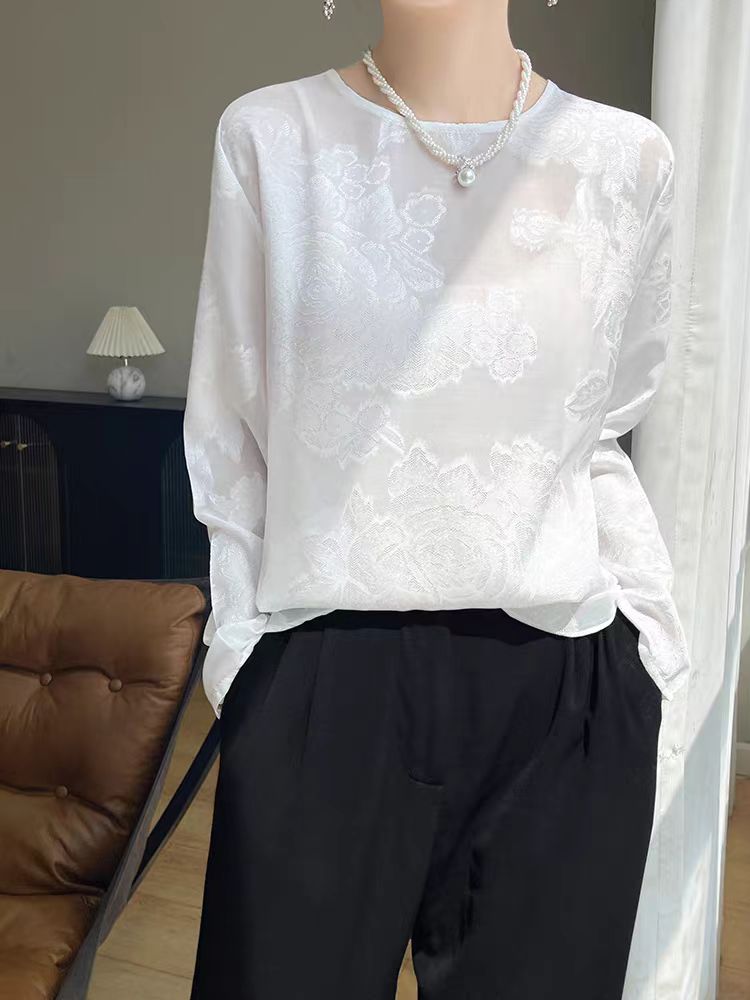 超重磅国风新中式真的丝上衣女夏微透薄款醋酸长袖衬衫防晒罩衫T