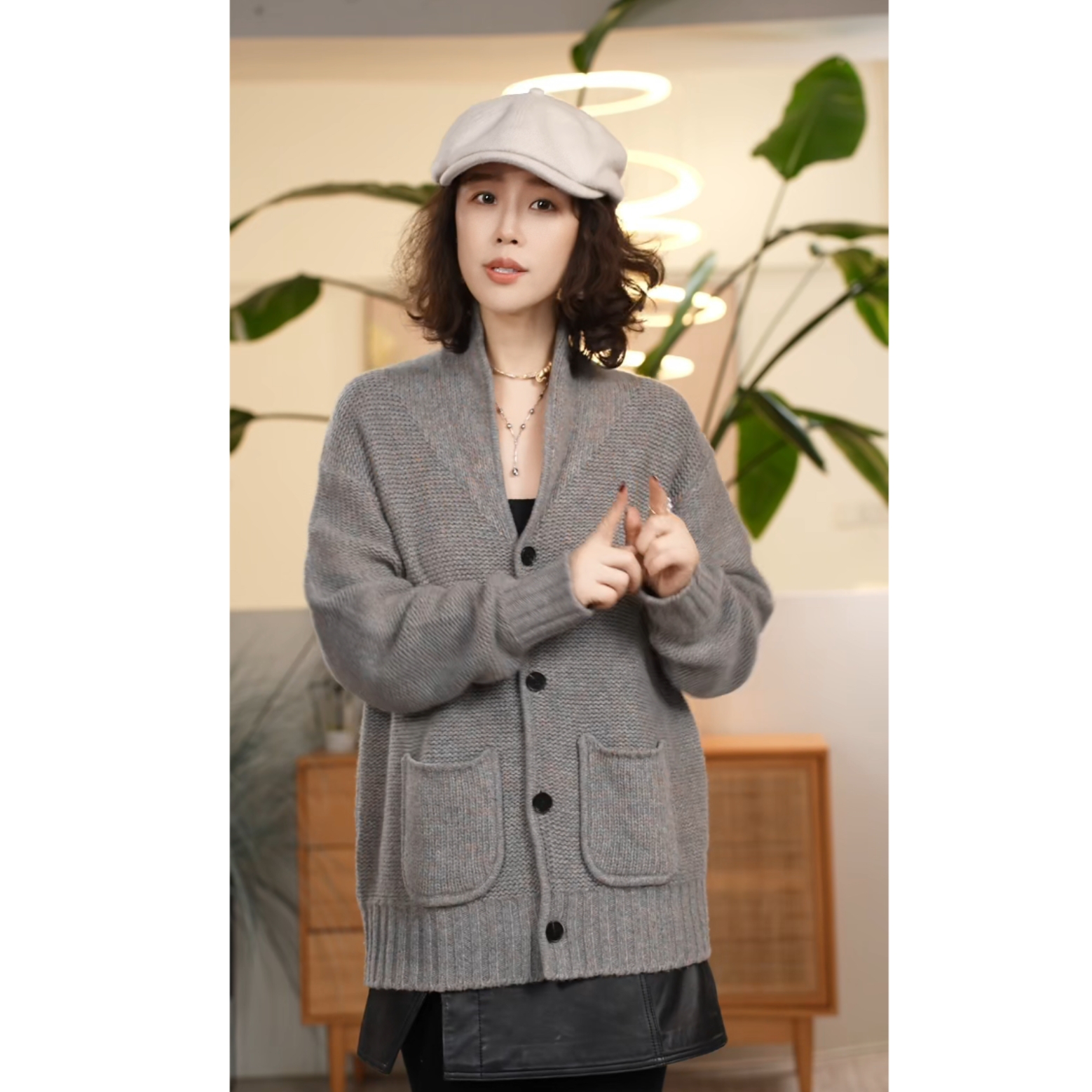 X【叭哒不惑】青衫 山羊绒翻领长袖针织开衫外套女秋冬气质保暖毛衣