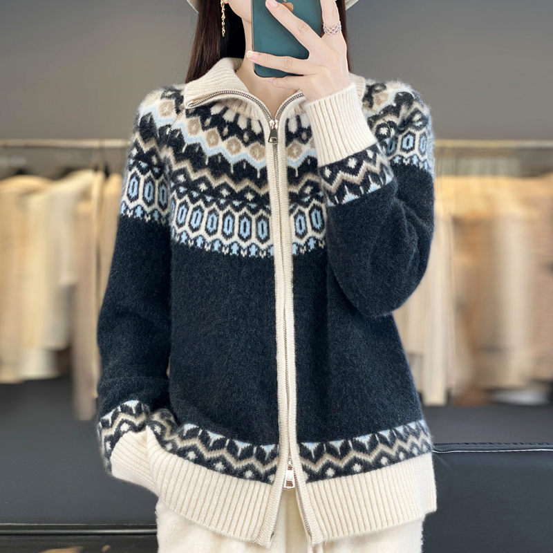 品相巨牛~新款七针加厚费尔岛双拉链开衫长袖羊毛衫女毛衣针织衫