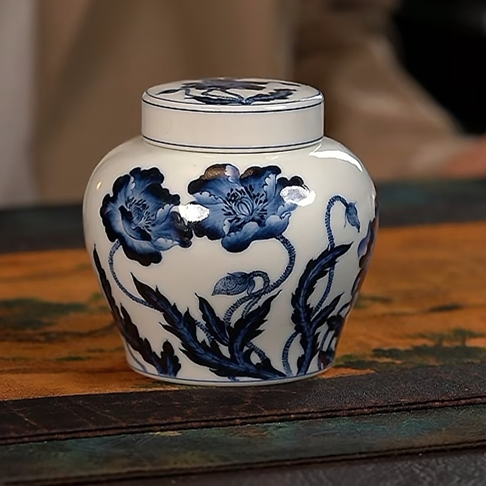 【品遗敬仁】洪印慕明青花虞美人小茶叶罐双盖 高8.6 口径4.6cm