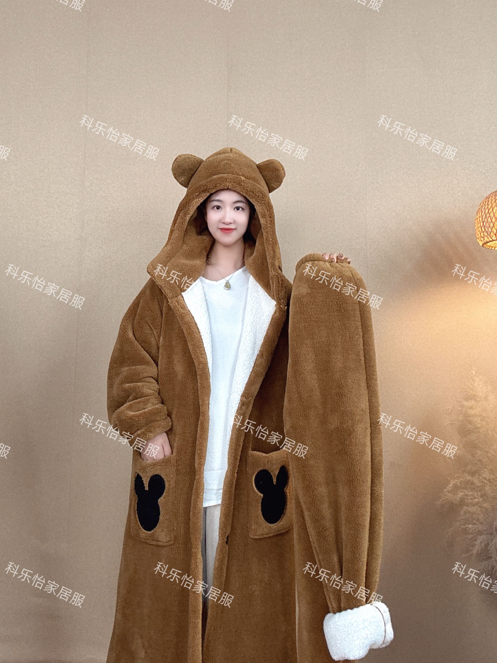 美拉德深冬双层连帽中长款加绒加厚保暖家居服睡衣睡袍情侣款大码