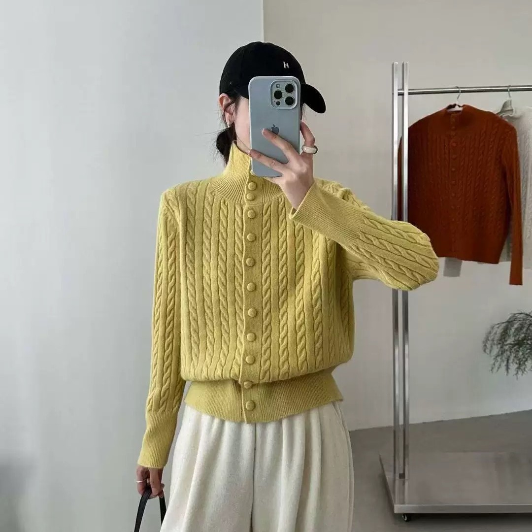 【锦衣服饰】XFG 6148 韩系百搭软糯麻花高领针织排扣开衫毛衣