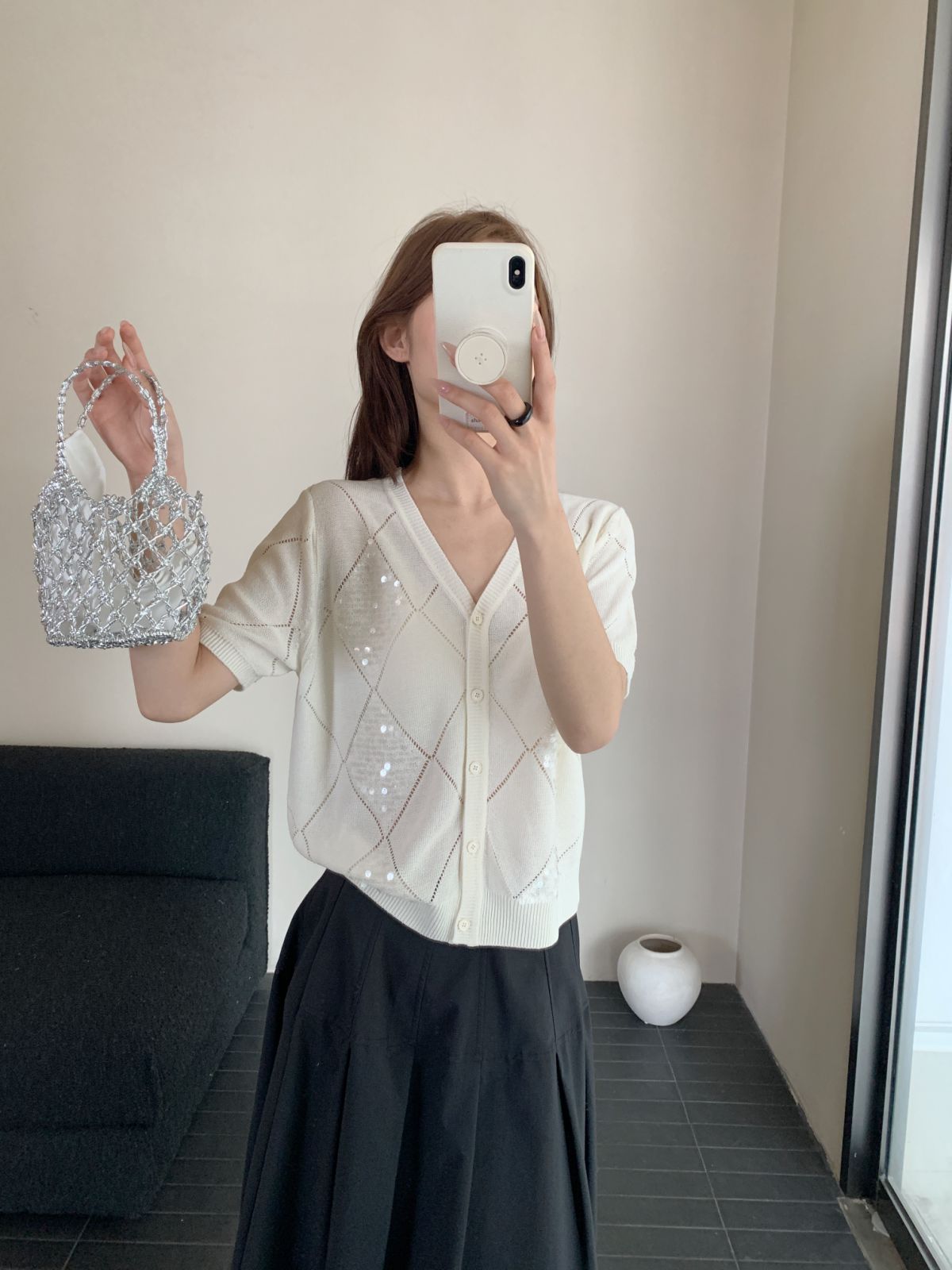 【素简.910185】夏季新款天丝亚麻菱格亮片开衫显瘦百搭针织衫