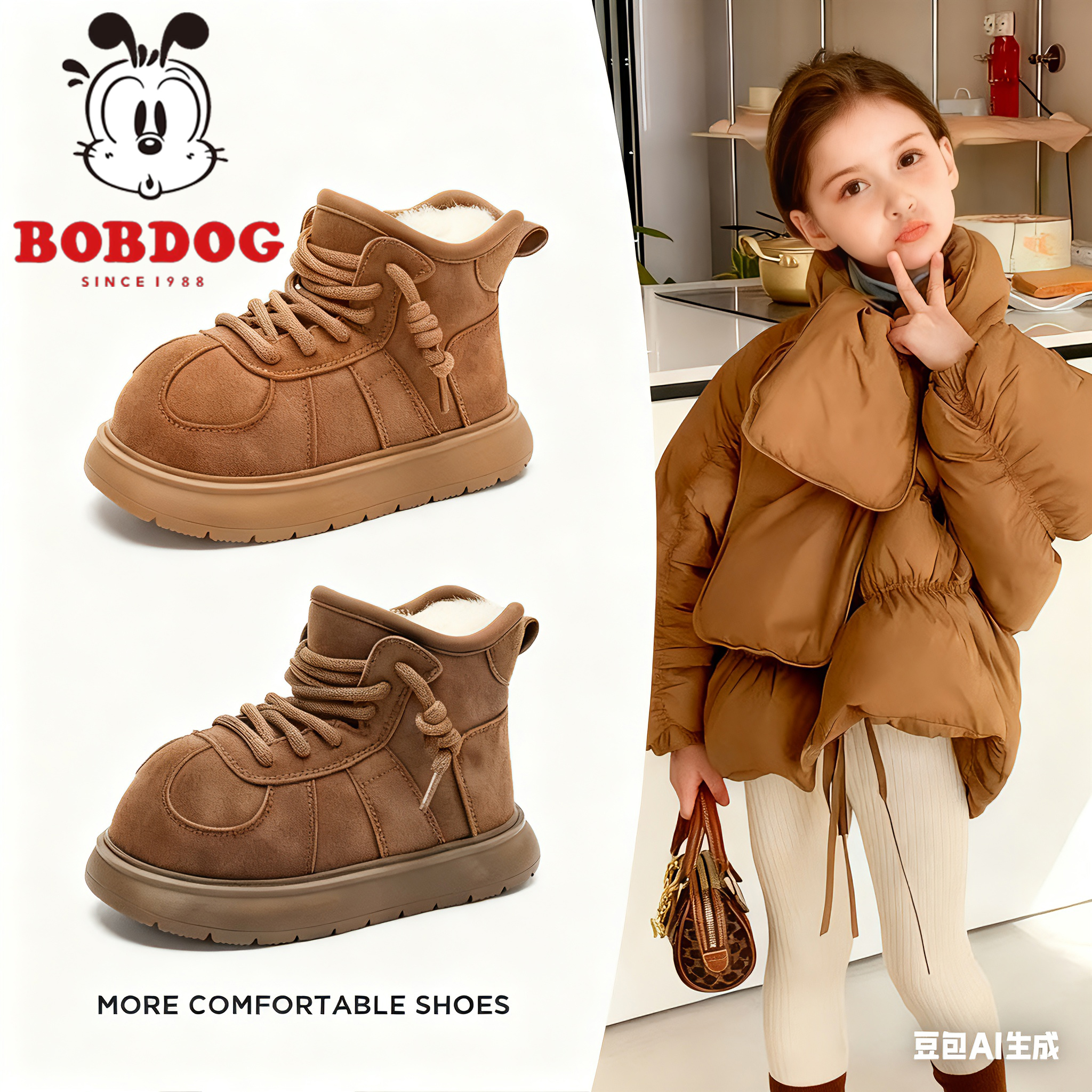 真皮巴布豆2025冬季卡皮巴拉雪地靴男童加绒大棉皮面女孩保暖防滑