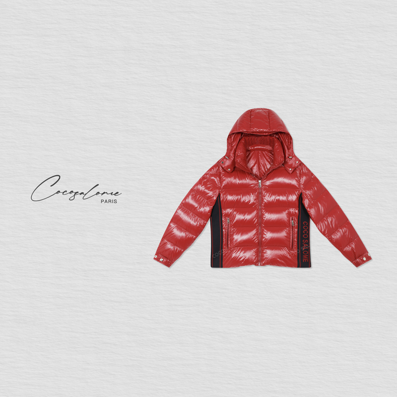 韩彬彬"红韵”秋冬红色显白针织拼接百搭保暖连帽羽绒外套5816-7