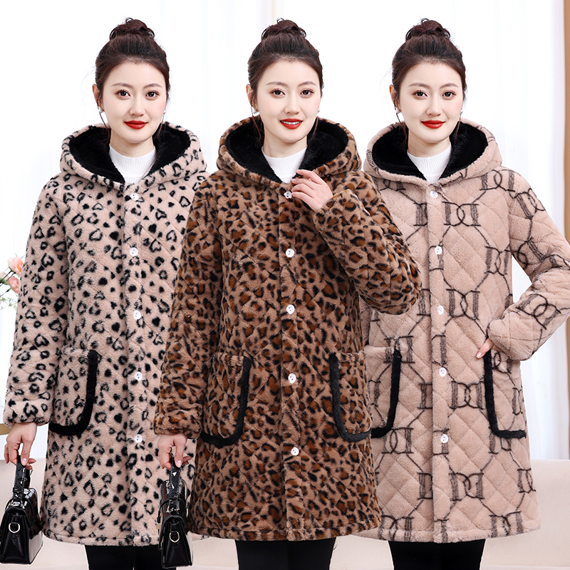 2025新款冬季豹纹女棉服加绒长款防寒保暖棉衣冬装工作居家服