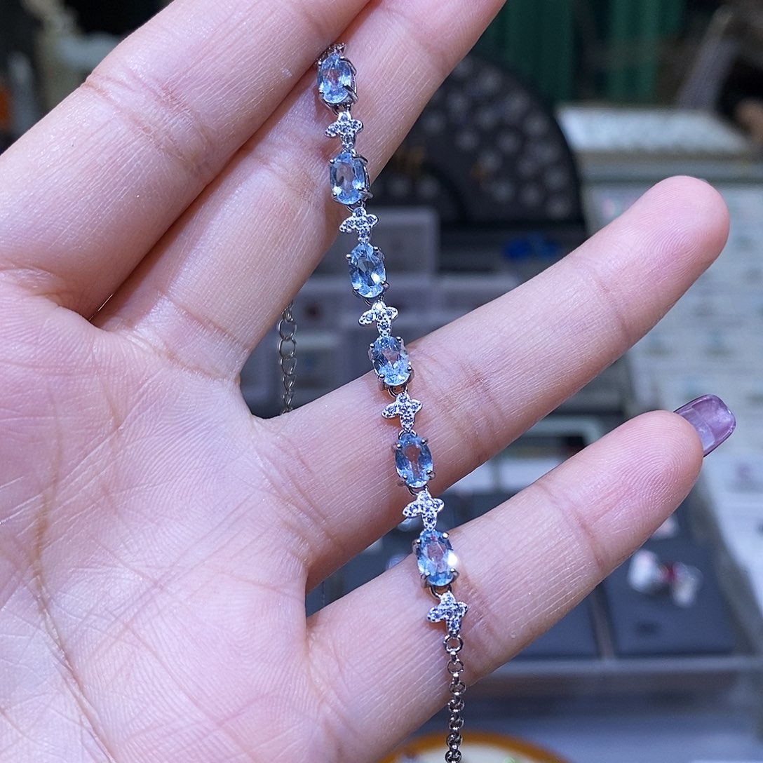 海蓝宝石手链银S925镶嵌天然海蓝宝