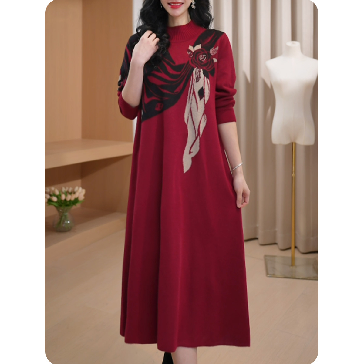 [TL4]围巾花女士宽松连衣裙中长款毛衣裙气质休闲女装6L0224280