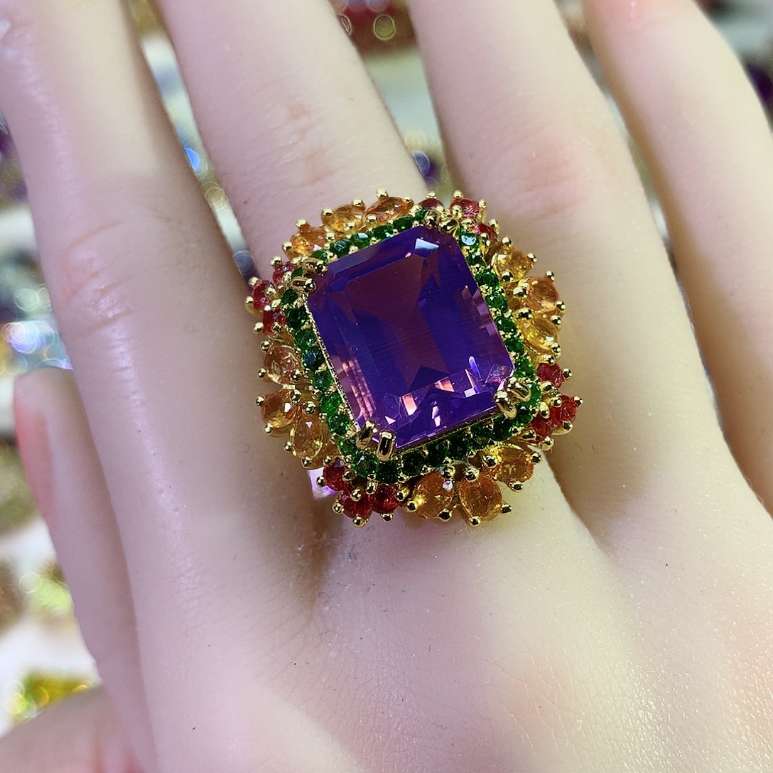 紫晶戒指银S925镀金镶嵌