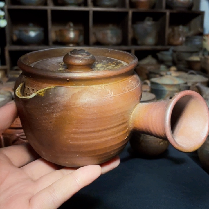 难波诚治备前烧侧把壶