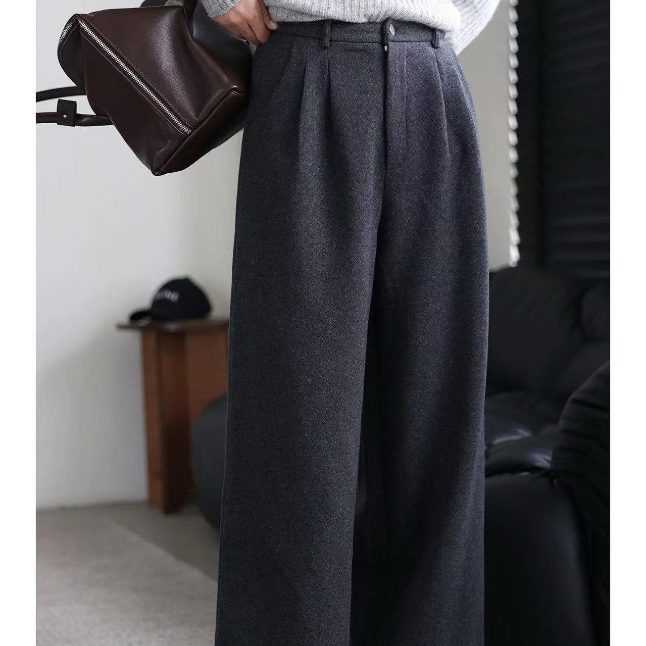 秋冬新款慵懒高级感加绒高腰直筒女裤2217（半松紧腰）